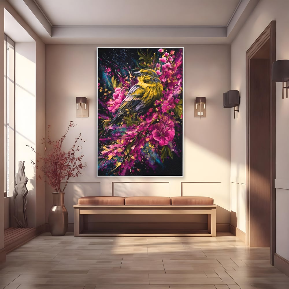 Tablou canvas cu tablou canvas cu pasare printre flori, in rama de aluminiu argintiu